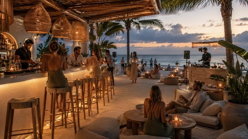 Beach bar at golden hour with low seating on the sand