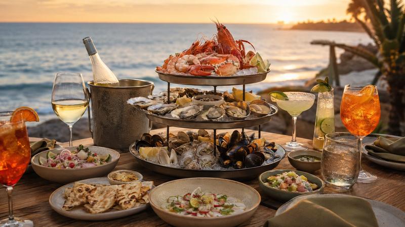 Shared plates and drinks set out on a table above the beach