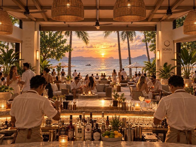 The SOMA Beach Club bar looking out to the islands at sunset