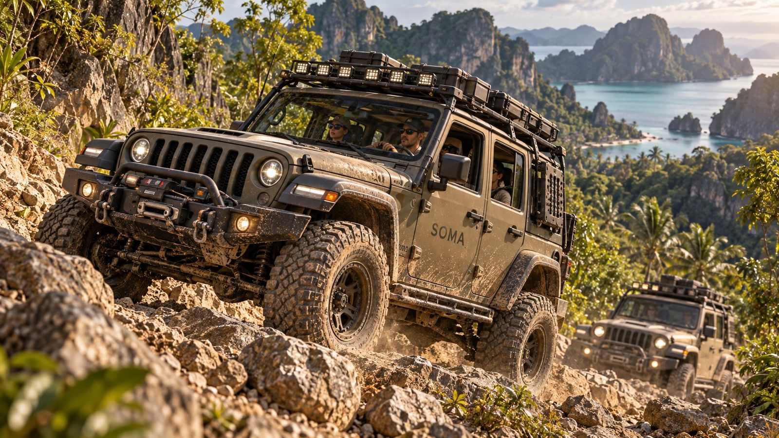 SOMA 4x4s on a rock track above the bay